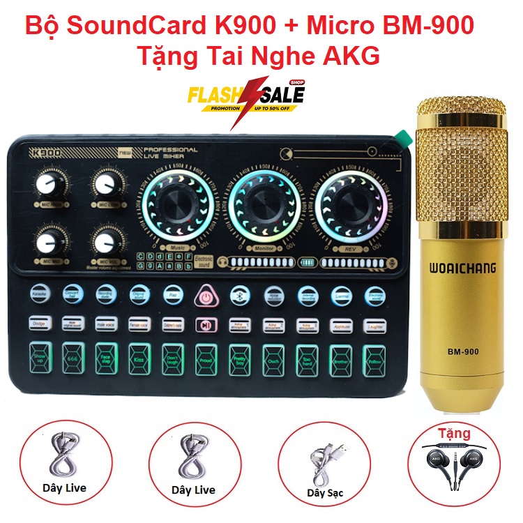 Combo SoundCard K900 Bluetooth, Tặng Tai Nghe AKG, Micro WoaiChang BM900 - Thu Âm - AutoTune - Hát Livestream - Karaoke