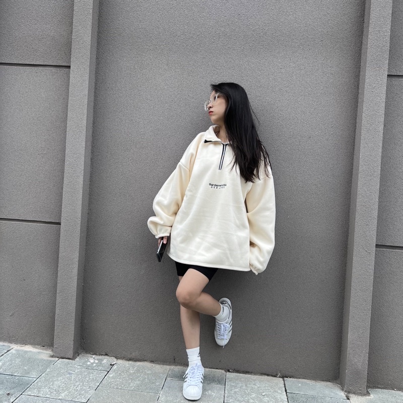 Áo nỉ cổ cao kéo khóa nữ Mee- Sweater khóa cổ chữ ngực dáng rộng Ulzzang