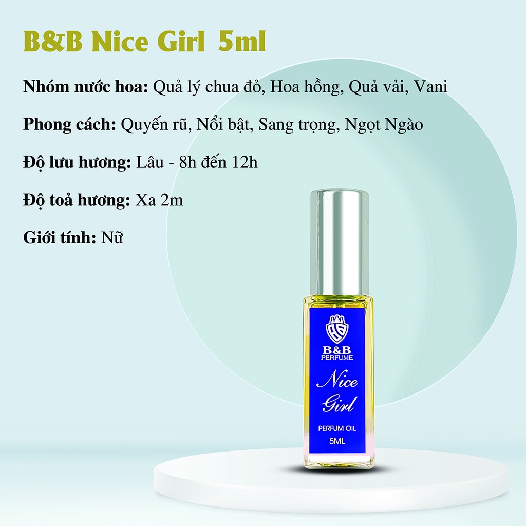 Tinh dầu nước hoa nữ B&B Test Nice Girl 5ml lưu hương cực lâu phong cách Pháp