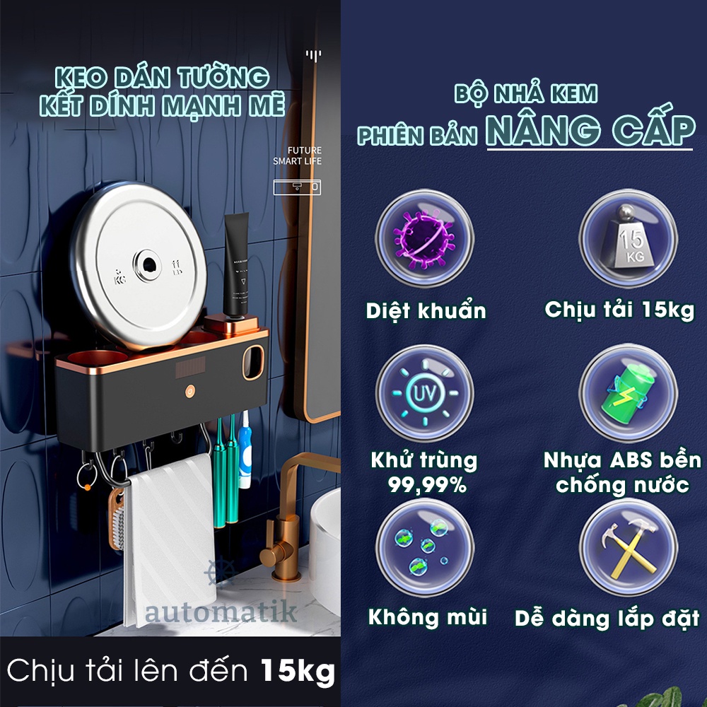 Bộ Nhả Kem Đánh Răng Tự Động, Giá Treo Bàn Chải Đánh Răng Khử Trùng UV, Giá Đựng Cốc, Kệ Phòng Tắm Dán Tường - Automatik