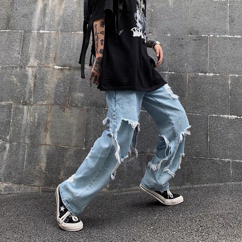Quần bò rách ống rộng nam nữ phong cách đường phố hiphop [order taobao]