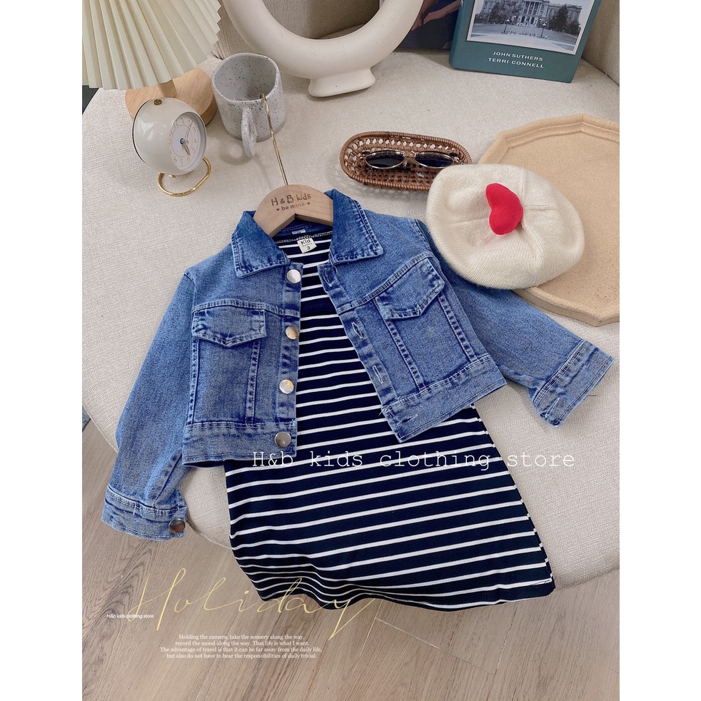 Đầm bé gái, Set áo jean phối váy kẻ dễ thương, mặc đi học đi chơi cho bé gái 8-20kg