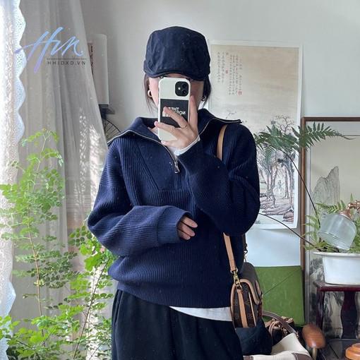 Áo Sweater Cổ Cao Dáng Rộng Phối Khóa Kéo Đơn Giản Theo Phong Cách Thu Đông Hàn Quốc Dành Cho Nữ