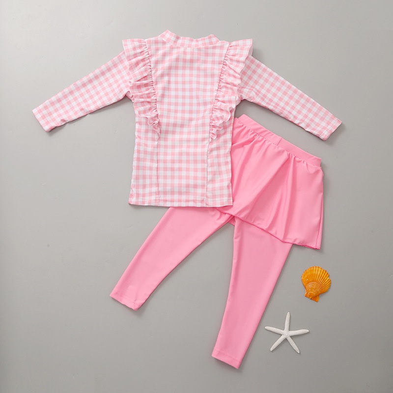 Bộ Đồ Bơi 2 Mảnh Áo Tay Dài + Quần Dài Họa Tiết Sọc Caro Cho Bé Gái