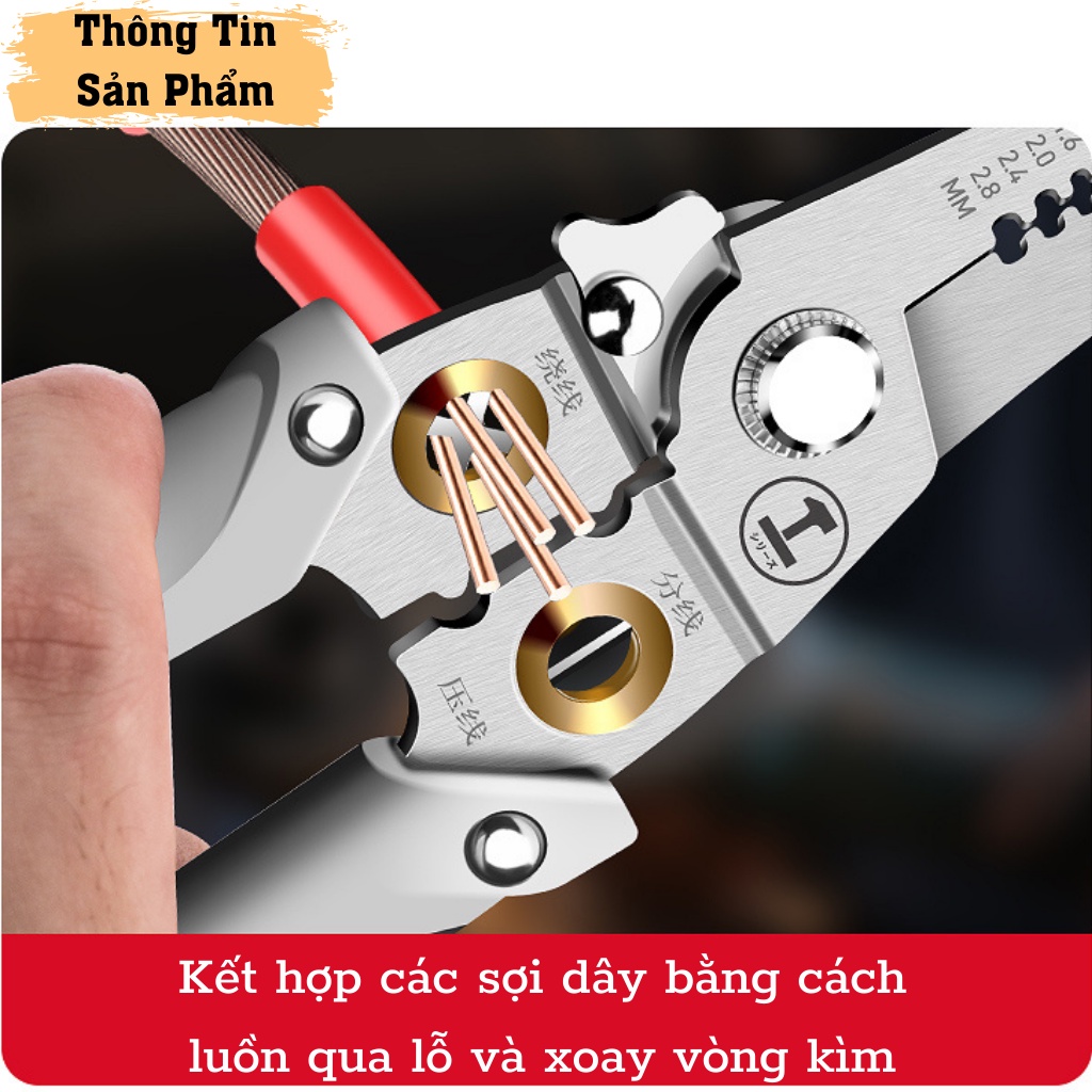 Kìm tuốt dây điện đa năng dụng cụ kiềm cắt bấm cos dây tách vỏ xoắn dây cho thợ điện bằng thép không gỉ 9 trong 1 DUNSU