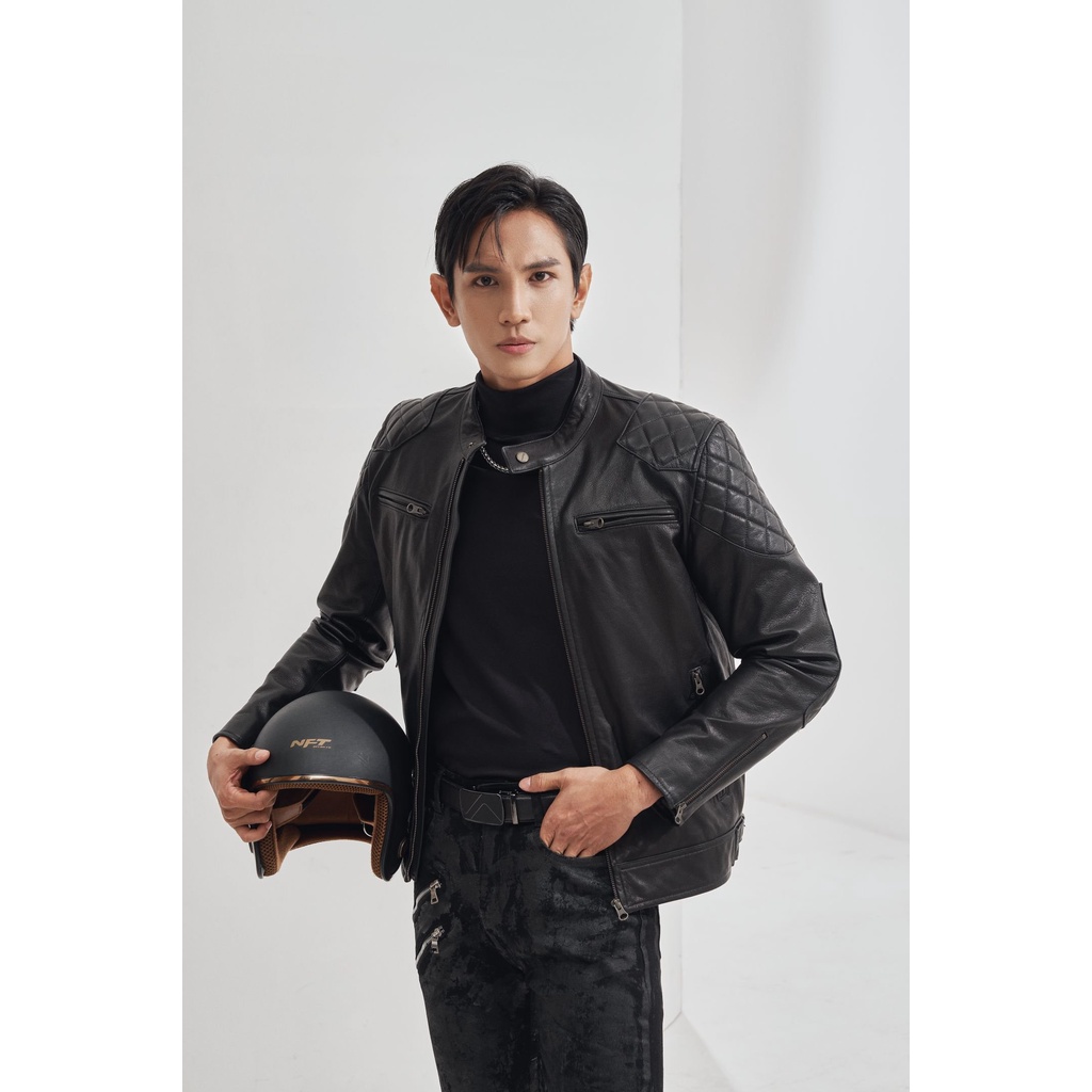 Áo khoác da nam FTT Leather Motor Jacket da dê hai khóa ngực trần trám vai 100% da thật