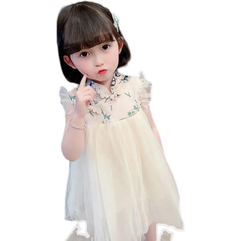 Đầm Công Chúa Chiffon Tay Ngắn Phối Lưới Phong Cách Trung Hoa Mới Mùa Hè Cho Bé Gái