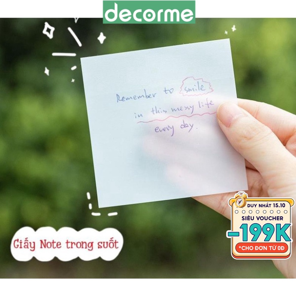DecorMe Giấy note, ghi chú trong suốt không thấm nước và có thể xé được, phụ kiện văn phòng phẩm