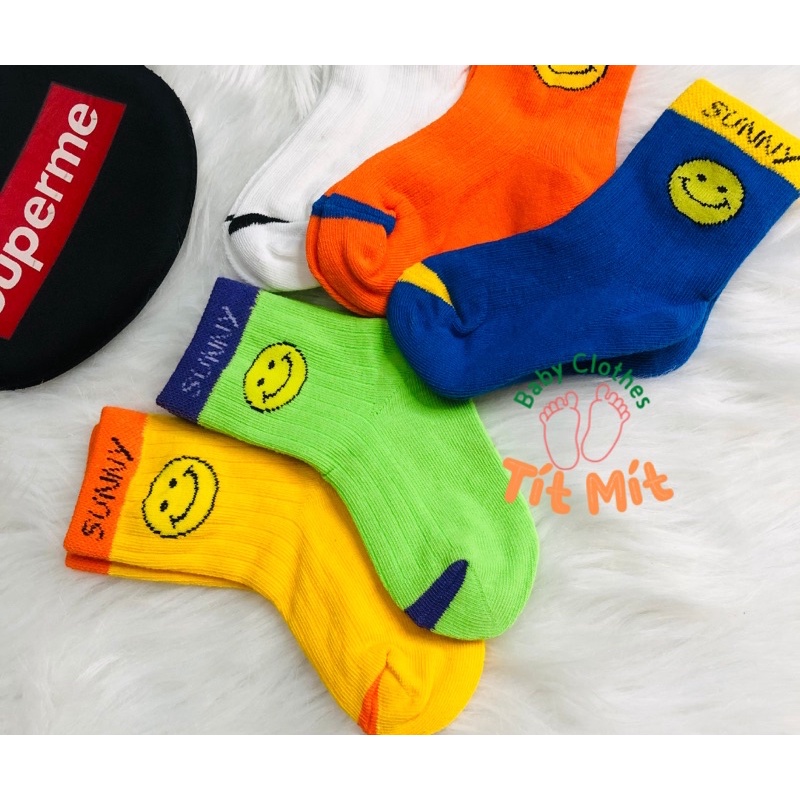 Set 5 đôi tất vớ cotton thấm hút mồ hôi hoạ tiết mặt cười cho bé 1-12 tuổi