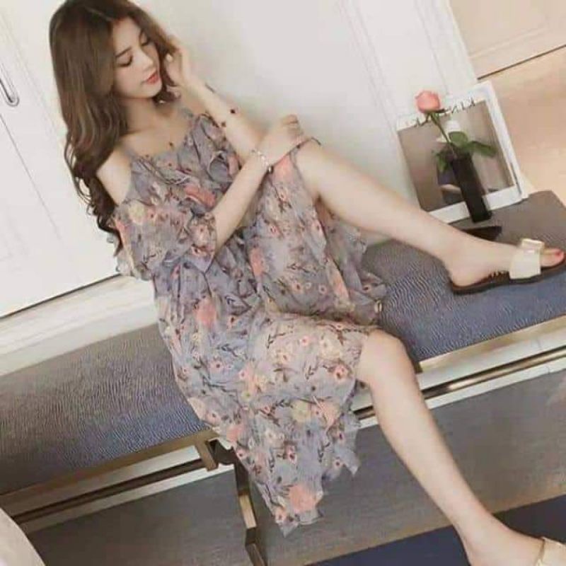 đầm nữ hoa hở vai xanh 343