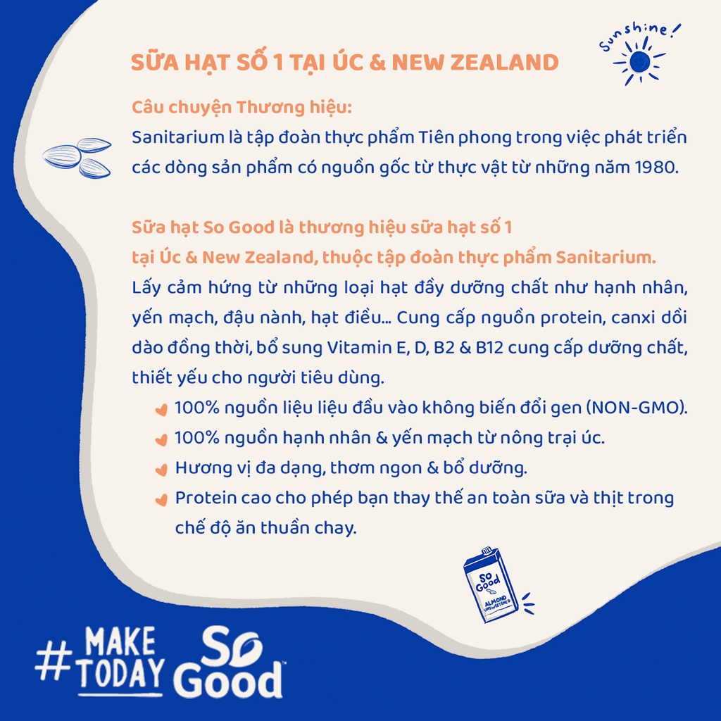 Sữa hạnh nhân ít đường - không đường - vanilla SO GOOD 1L calo thấp, bổ sung canxi và vitamin, phù hợp người ăn kiêng