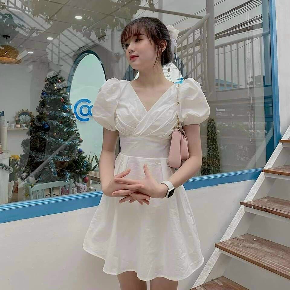 (Sale FreeShip) Đầm nữ tay phồng dáng xòe,đầm cổ chéo xếp li ôm eo tinh tế,chất kate mềm diện đi đâu cũng chanh sả