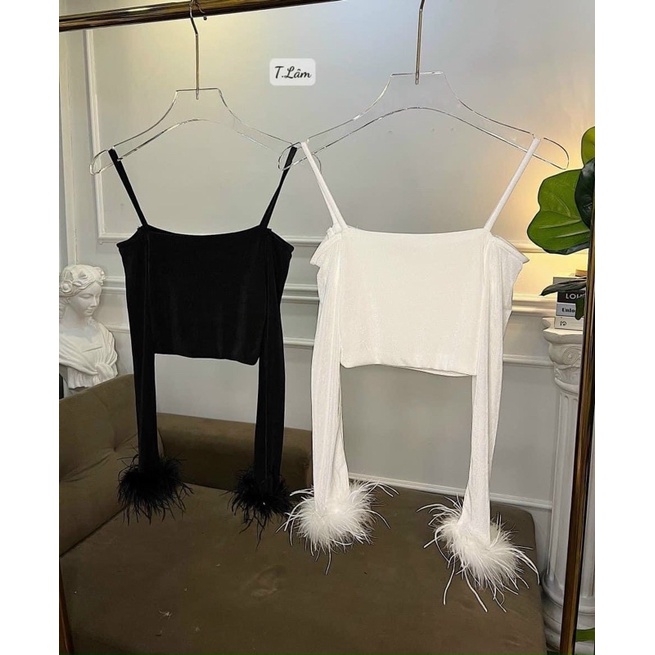 Áo Dây Kiểu Trễ Vai Tay Dài Phối Lông Vũ Dáng Croptop
