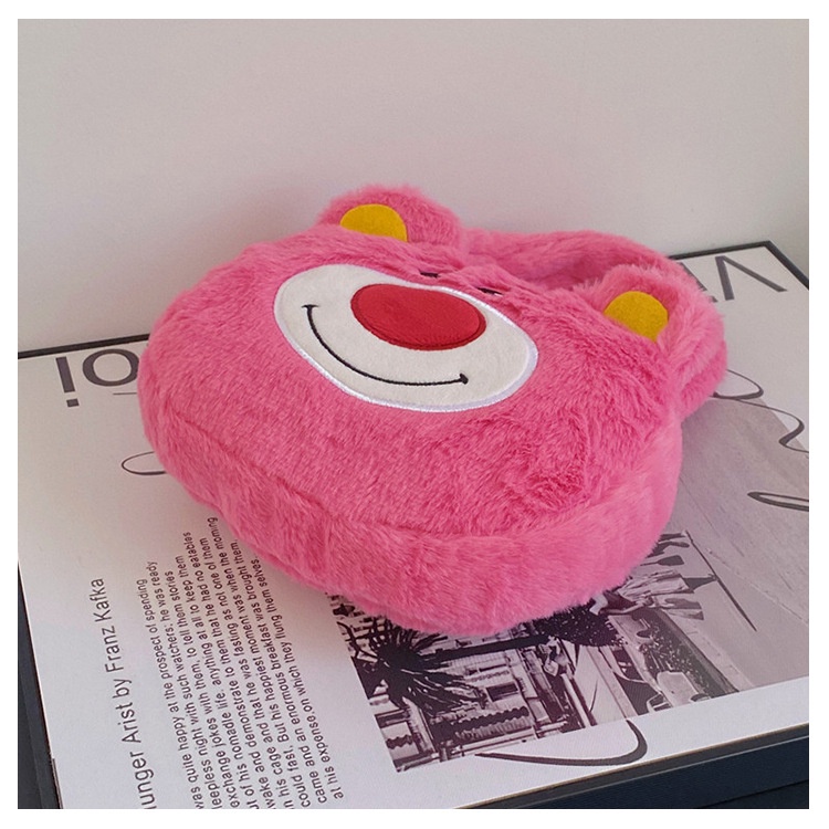 Túi Xách Tay Bằng Nhung Lông Thiết Kế Hình Gấu Dâu Tây Dễ Thương Dành Cho Học Sinh