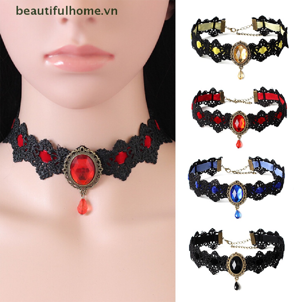 [beautifulhome] Vòng Cổ Choker Ren Nhung Đen Đính Pha Lê Phong Cách Gothic Cổ Điển [beauty]