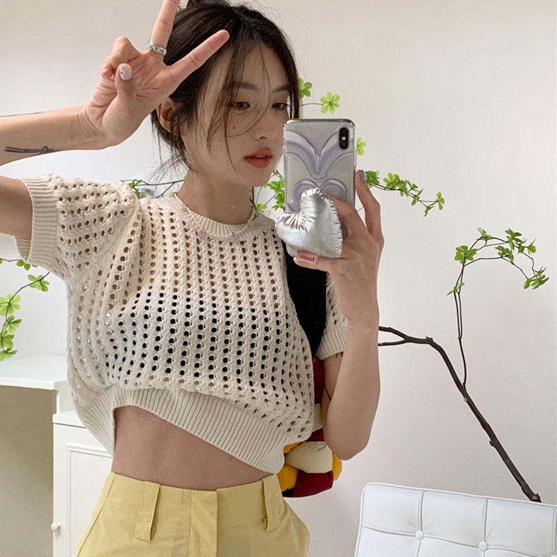 Áo Dệt Kim Tay Ngắn Phong Cách Thời Trang Hàn Quốc Dành Cho Nữ