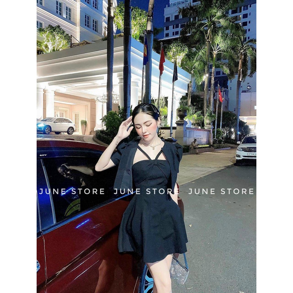 Sét váy đầm nữ dáng xòe cổ chéo mix áo khoác from ngắn cực sang chảnh