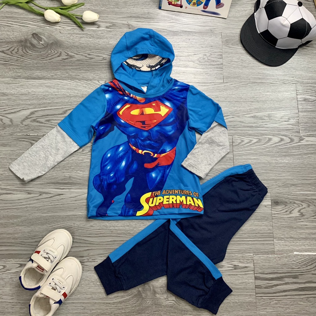 Bộ Cotton dài tay bé Trai Spiderman, Superman áo có mũ hình 3D rất mềm đẹp - Minkids