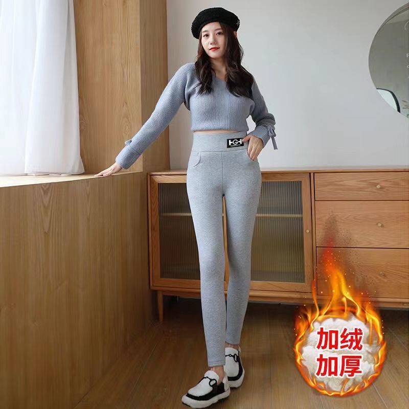 Quần Legging Cotton Lót Lông Cừu Dày Dặn Màu Đen / Xám Giữ Ấm Thời Trang Thu Đông Cho Nữ