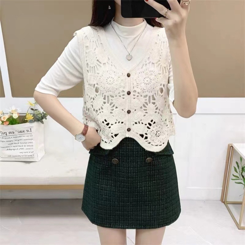 Áo Khoác Dệt Kim Không Tay Dáng Rộng Cài Nút Họa Tiết Hoa Thời Trang Mùa Thu Cho Nữ Thẻ