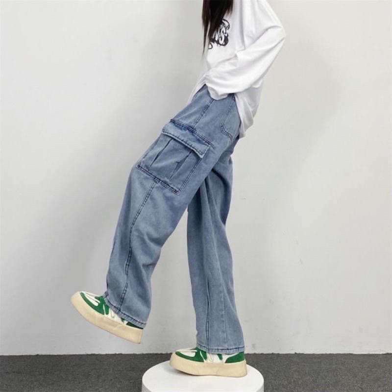 Quần cargo Jean ống suông JEAN NỮ TÚI HỘP màu XANH 🖤 Nam nữ unisex 🖤 Quần baggy ống rộng July7