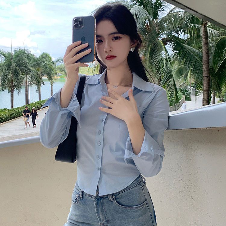 Áo Sơ Mi Ngắn Dài Tay Dáng Ôm Phong Cách Hàn Quốc Thời Trang Mới Dành Cho Nữ