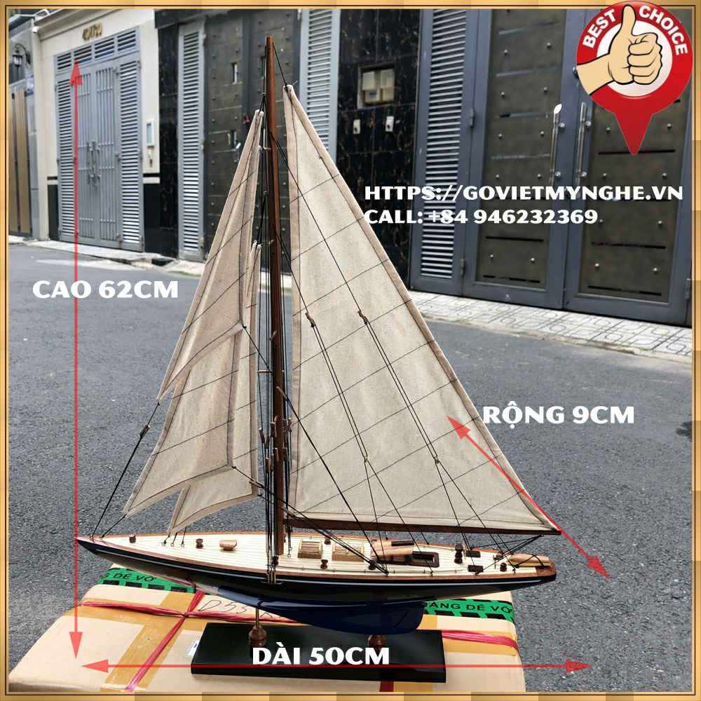 Mô hình thuyền gỗ trang trí du thuyền Shamrock V - Thân tàu dài 50cm - Sơn màu Xanh/Đen