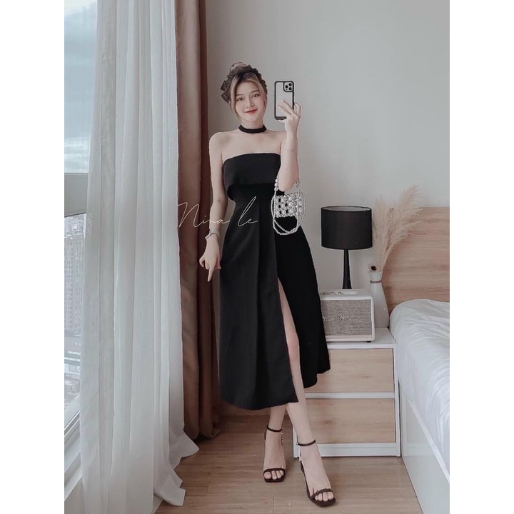 Váy đầm nữ cúp ngực dáng dài xẻ đùi, set đầm đen có quần trong kèm vòng cổ đi tiệc cực sang trong