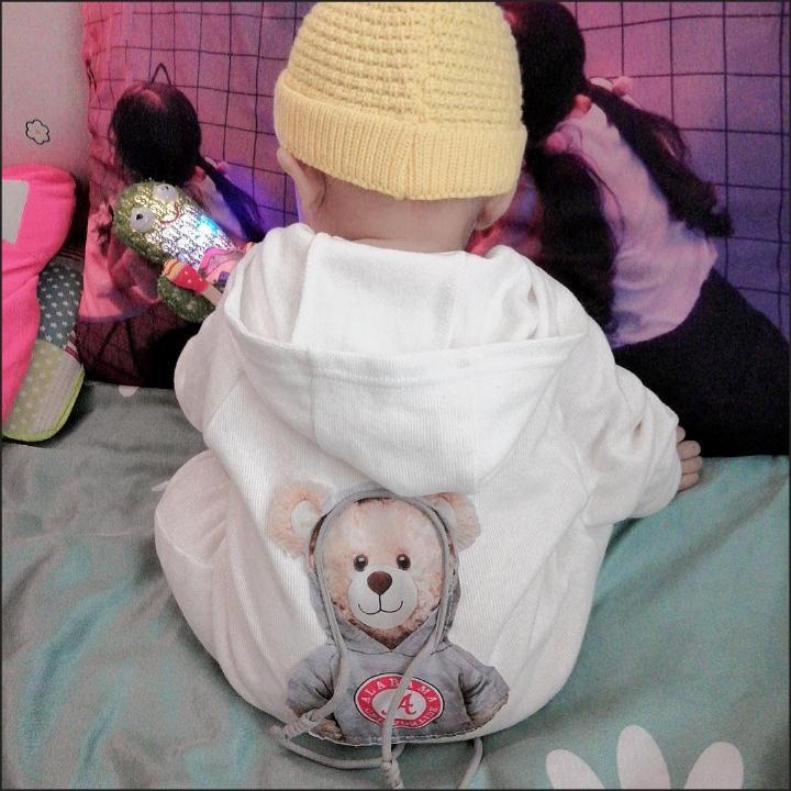 Áo Liền Quần Có Nón Tay Dài In Hình Gấu Hoạt Hình Phong Cách Hàn Quốc Chất Lượng Cao Thời Trang Xuân Thu Cho Bé Trai Và Bé Gái 0-24 Tháng Tuổi