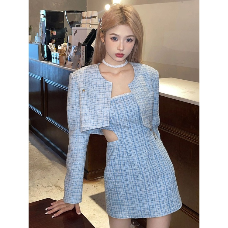 (Hình thật xem mô tả) Set đầm dạ ống xanh kẻ caro cut-out khoét eo + Khoác crop blazer tay dài dạ xanh