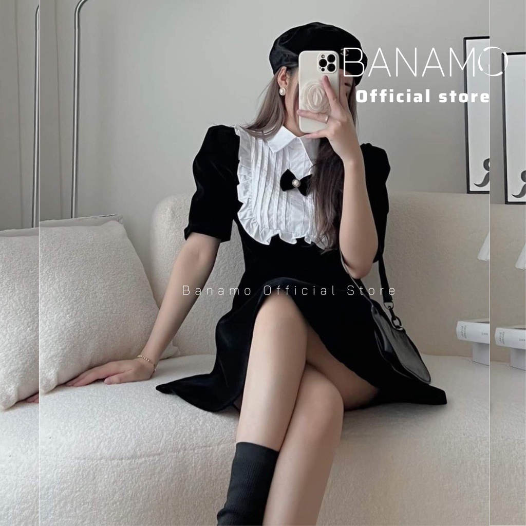 Váy nhung chính hãng Banamo Fashion đầm nhung đen cổ nơ pha bèo trắng tiểu thư 556 | BigBuy360 - bigbuy360.vn