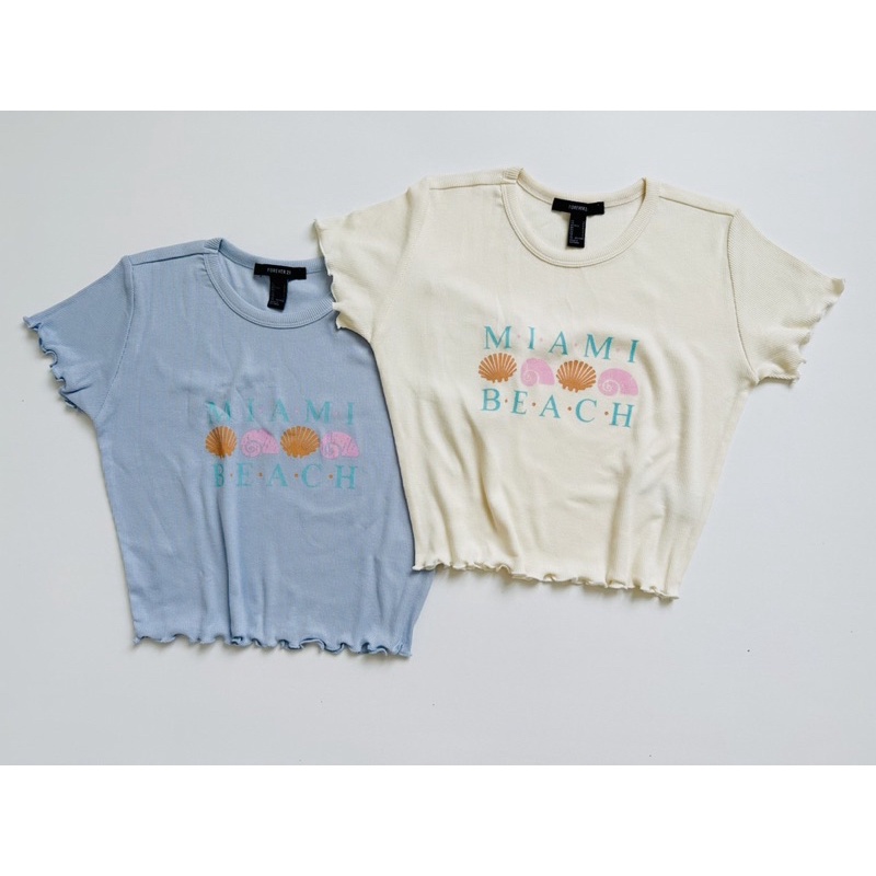 Áo croptop ôm xoăn lai thun bo gân in Miami Beach, 2 màu