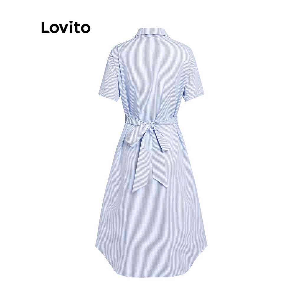 Lovito Đầm nữ ngắn tay sọc thanh lịch chữ thập cho nữ L35LD045 (Xanh nhạt)