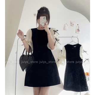 Đầm nhung tay voan phối nơ DOUBOW tay lỡ