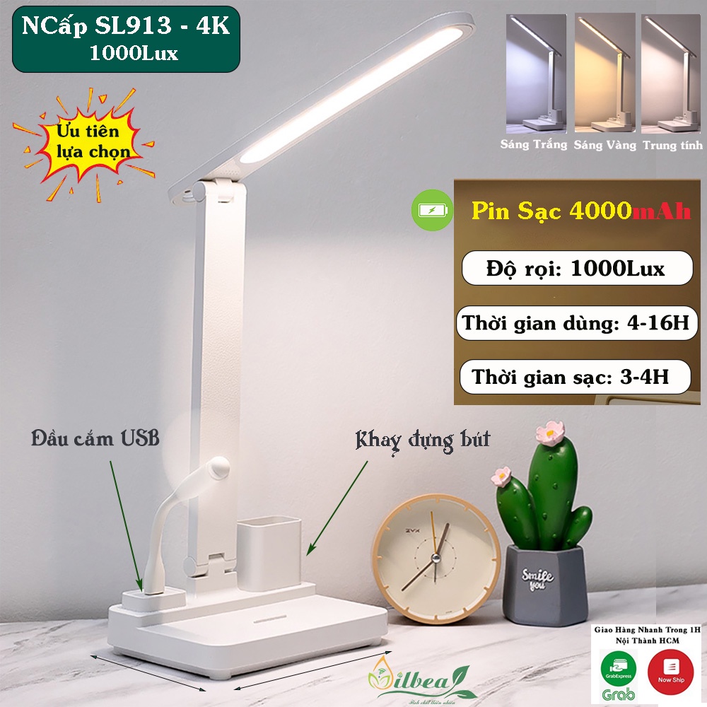 Đèn bàn học chống cận sạc pin tích điện SL-858 với 3 chế độ ánh sáng trắng, vàng, trắng ấm, pin 2000mAh hoặc 4000mAh