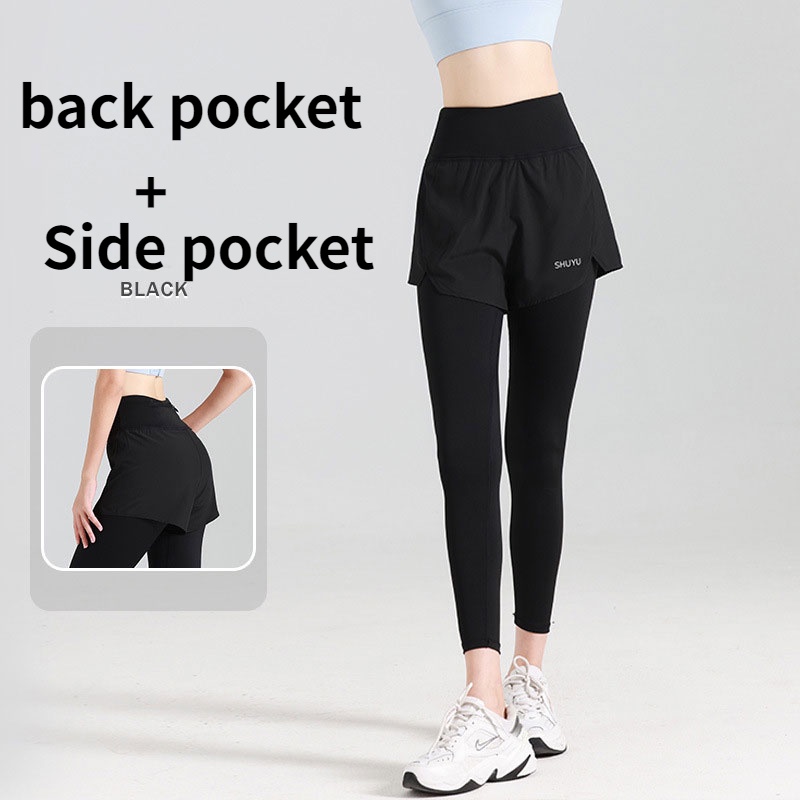 Quần Legging Thể Thao Giả 2 Lớp Lưng Cao Có Túi Thời Trang Cho Nữ