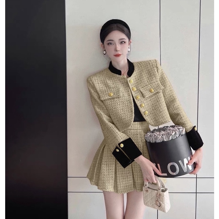 Set Dạ Tweed Phối Nhũ Áo Khoác Dạ Crop Kèm Chân Váy Xoè Phong Cách Sang Chảnh_ Hàng Order QCCC