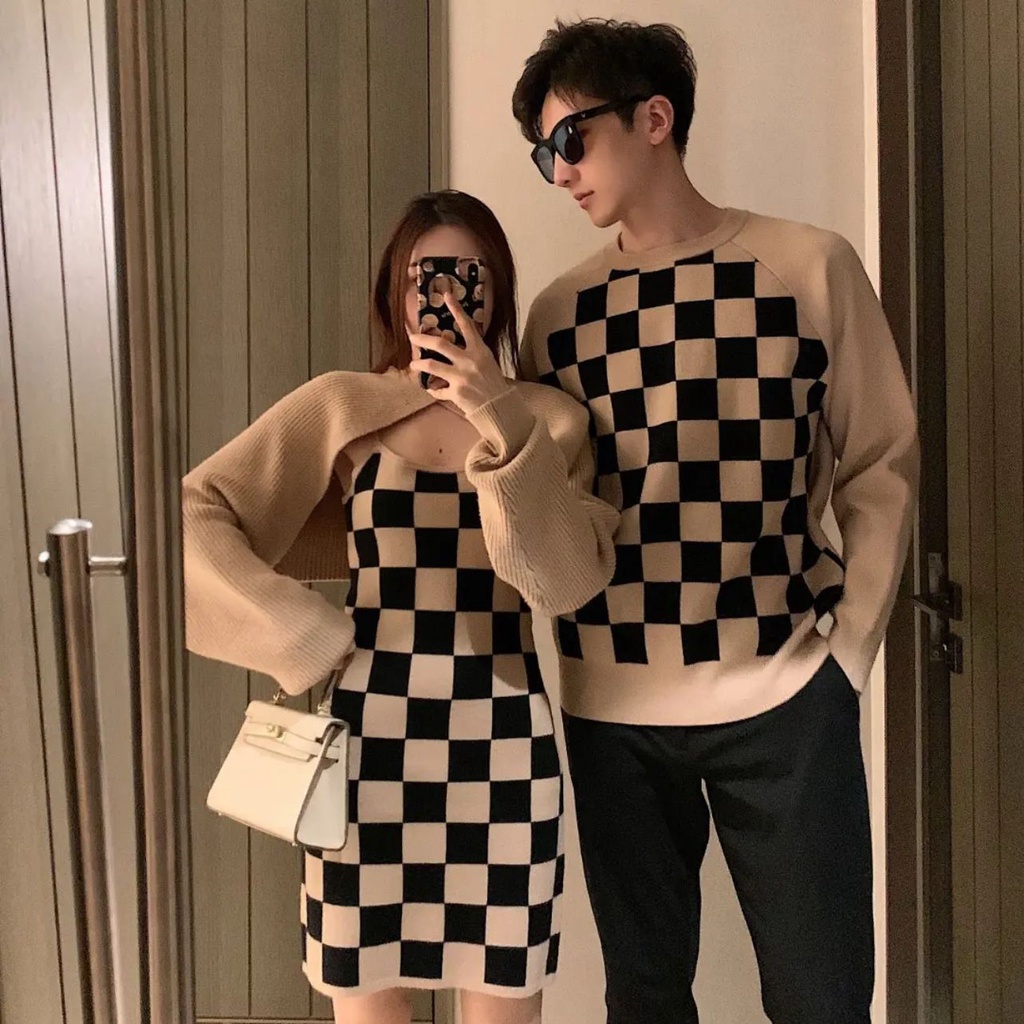 Set đồ đôi couple áo nam váy nữ màu be hoạ tiết kẻ ô caro chất len dày mịn cao cấp COUPLELOVE C038