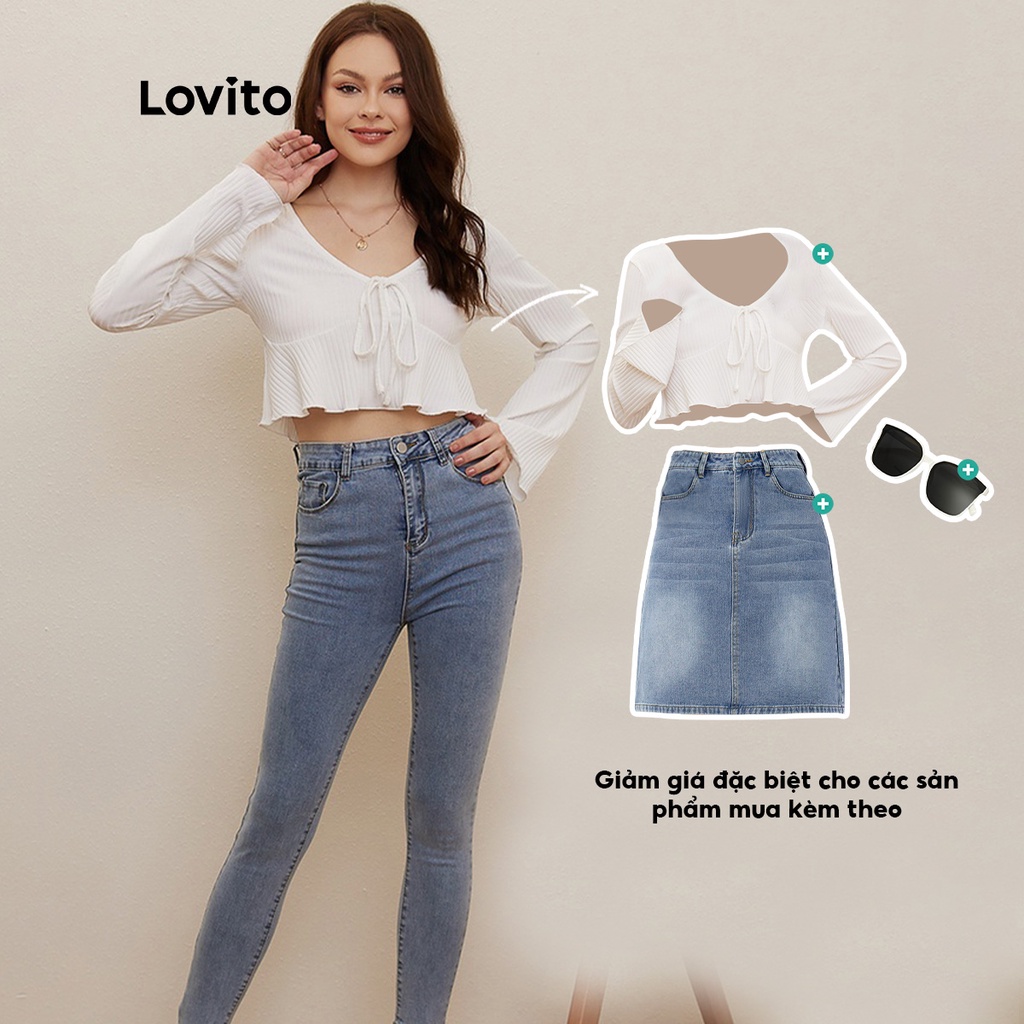 Lovito Áo Thun Dệt Kim Tay Chuông Cổ Chữ V Màu Trắng Trơn Thời Trang Cho Nữ L20D119 (Trắng)