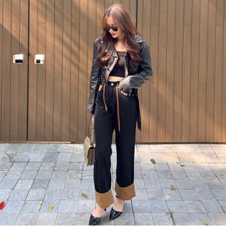 Quần jeans suông dây buộc phối viền nâu