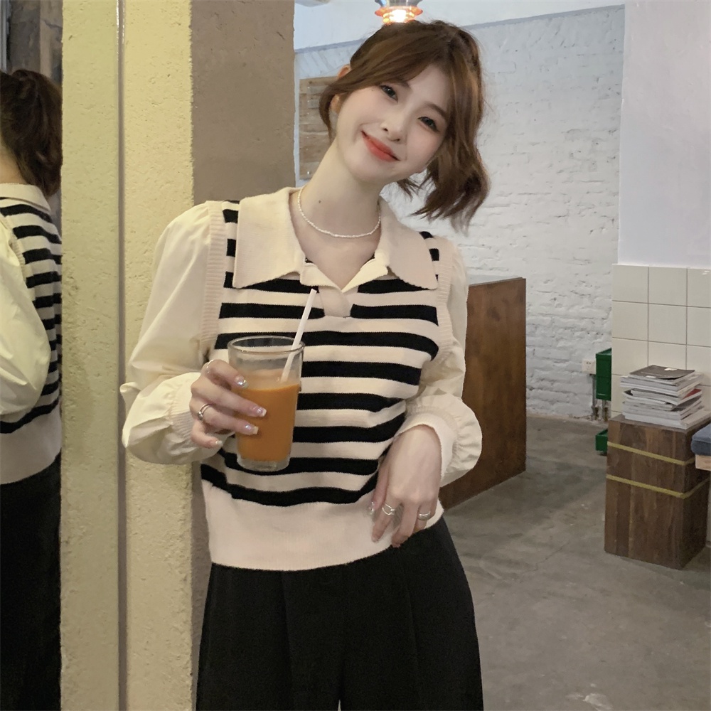 ZHELIHANGFEI Áo Thun POLO Dài Tay Giả Hai Lớp Họa Tiết Sọc Thời Trang Dành Cho Nữ