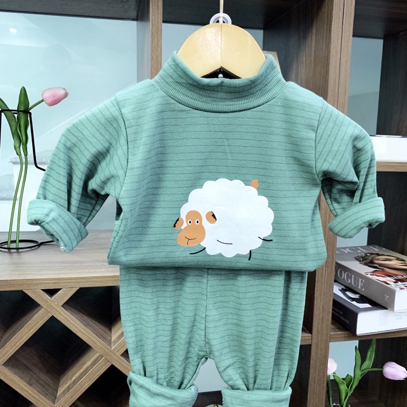 Bộ quần áo bé gái bé trai, chất liệu len tăm mỏng cổ 3 phân, co giãn thấm mồ hôi , in hình siêu xinh