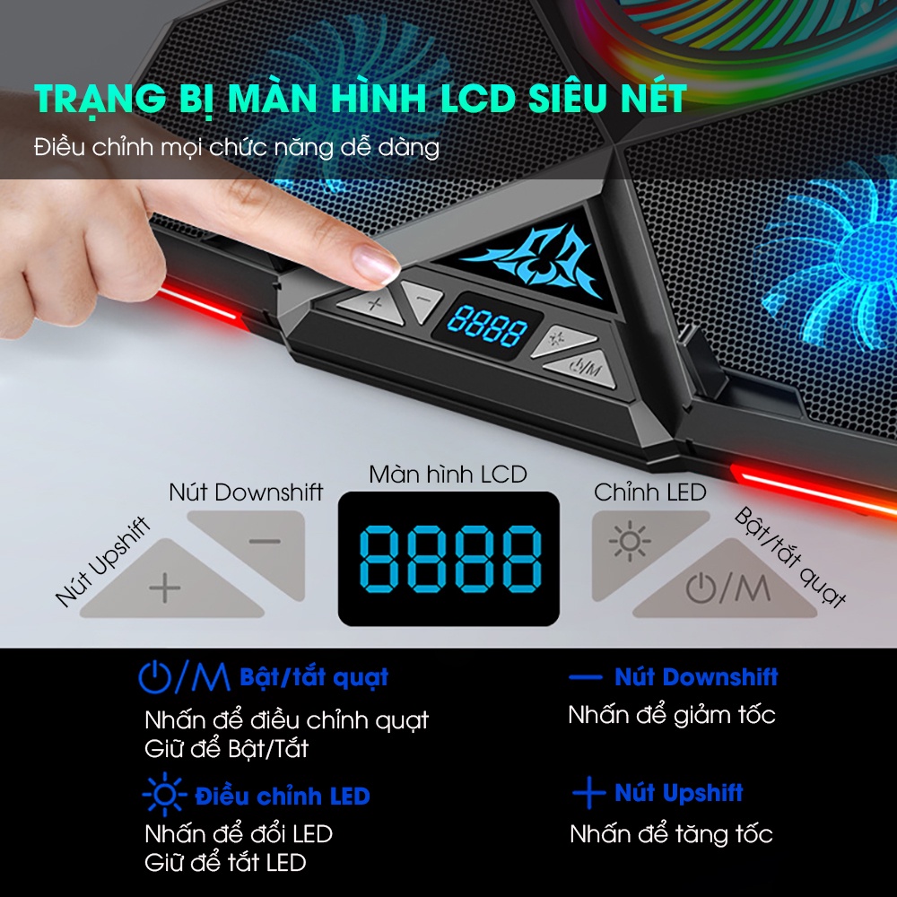 Đế tản nhiệt laptop SIDOTECH ICE COOLER 5 quạt lớn làm mát nhanh chống ồn đèn 12 chế độ LED gaming trang bị màn hình LCD