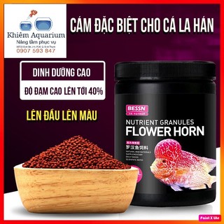 Cám Bessn Flower Horn thức ăn hỗ trợ lên màu, lên đầu và giàu Vitamin cho cá la hán hạt 2mm hulx, HỘP 280G