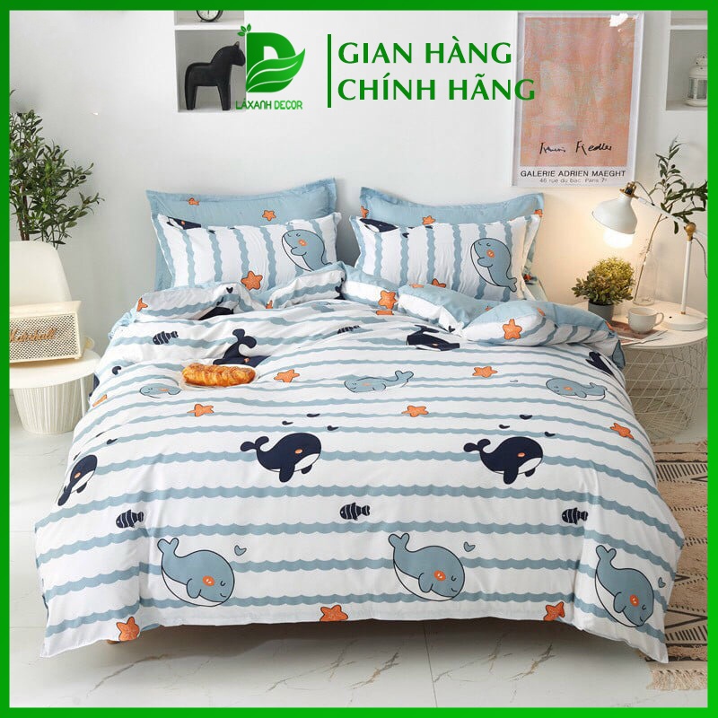 Bộ Chăn Ga Gối 4 Món Cotton Poly Cá Heo Xanh Sọc (m2/m4/m6/m8) - (1 Drap + 2 Vỏ Gối Nằm + 1 Chăn Hè)