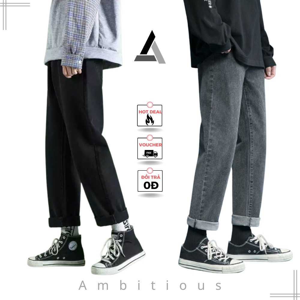 Quần Ống Suông Nam Chất Liệu Jean Mềm Dáng Rộng Thời Trang Unisex Thoải Mái Xám Tro Đen Trơn Có Tại Ambitious Store