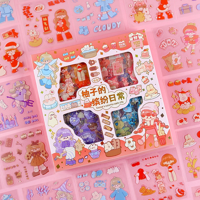 Bộ 100 Miếng Dán PET Chống Thấm Nước Họa Tiết Hoạt Hình Dễ Thương Trang Trí Sổ Tay DIY