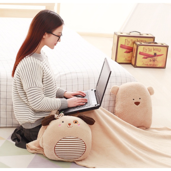 Bộ chăn gối văn phòng Gấu nâu bột bột 3 trong 1 Nâu nhạt