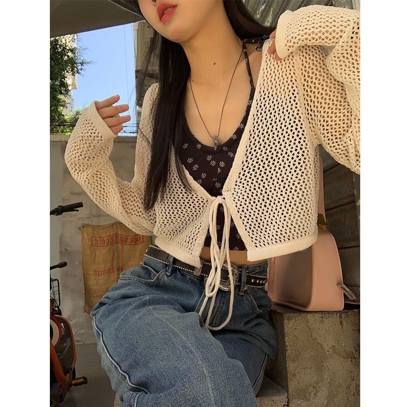 Áo Khoác Cardigan Len Lưới Croptop Dây Buộc Khoác Ngoài Nữ Tay Dài | Bé Tiu Clothing | BigBuy360 - bigbuy360.vn