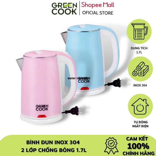 Bình đun inox 304 cao cấp Green Cook GCEK-17S15D 2 lớp chống bỏng 1,7L - Hàng chính hãng